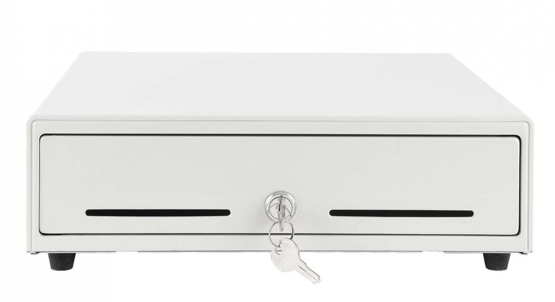 Kassenlade Metapace K-2, weiß, frontöffnend, Maße 330 x 330 x 101mm (BxHxT), 8 Münz-, 4 Scheinfächer