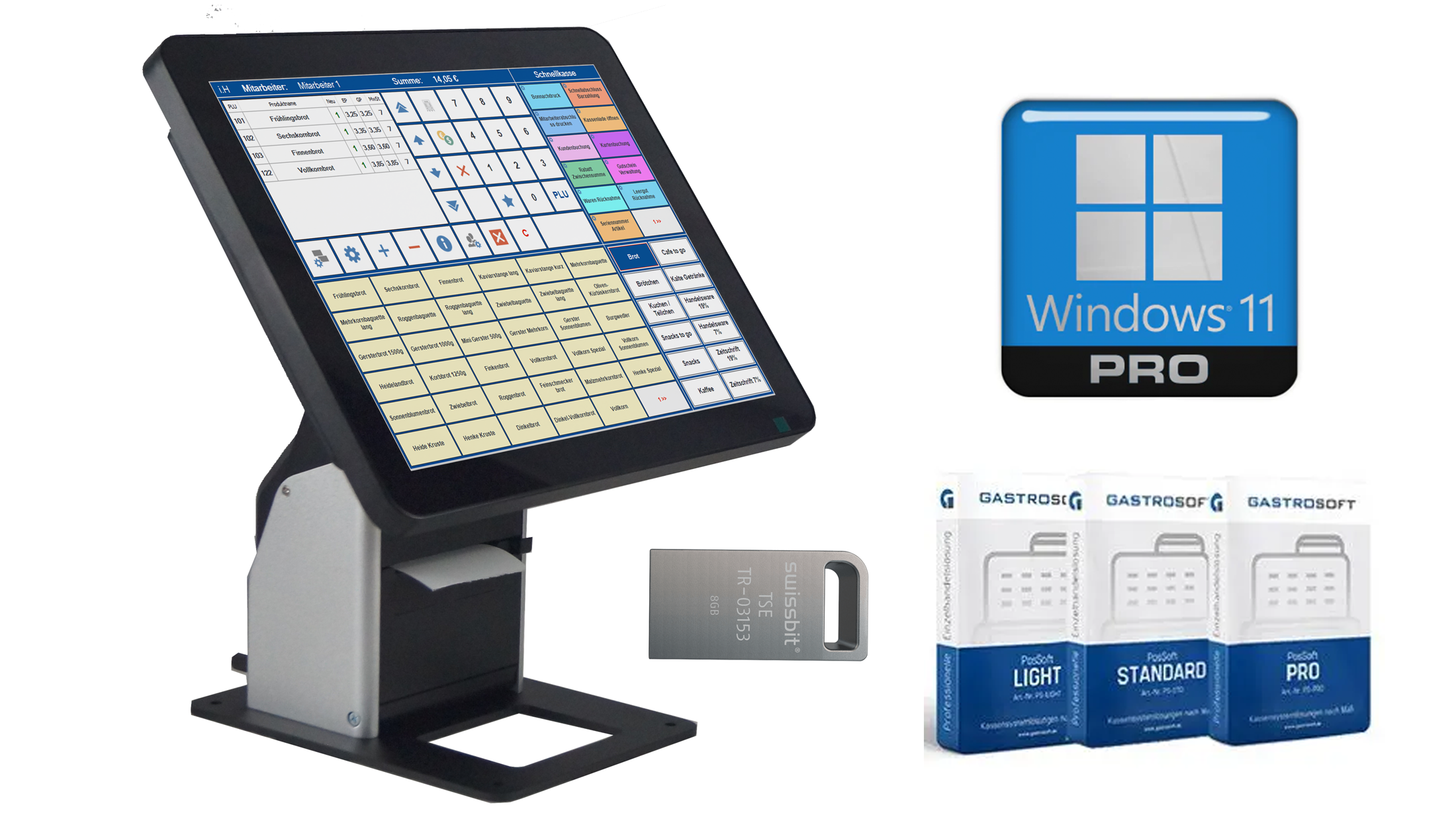 Handel Kassensystem 15 Zoll Touch KompaktSet + intern Bon + Kassensoftware PosSoft + TSE-VIP-Paket